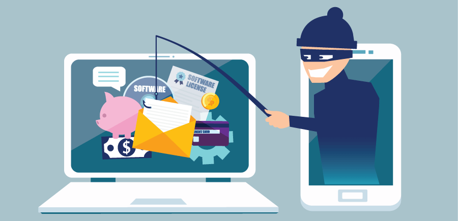 cartoon of a robber phishing for information from a laptop