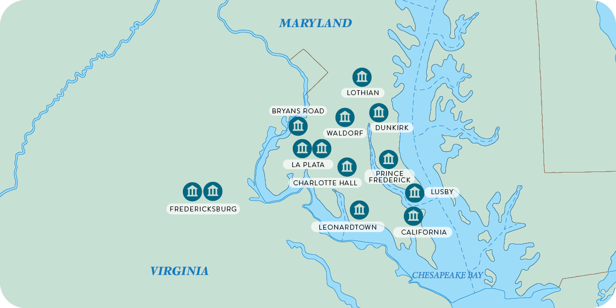 Regional locations map of the Maryland and easy Virginia branches
