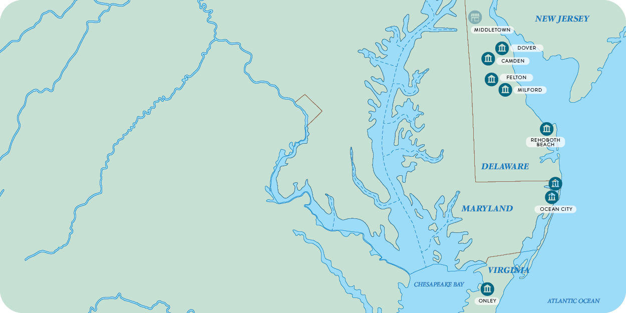 Regional locations map of Delaware branches